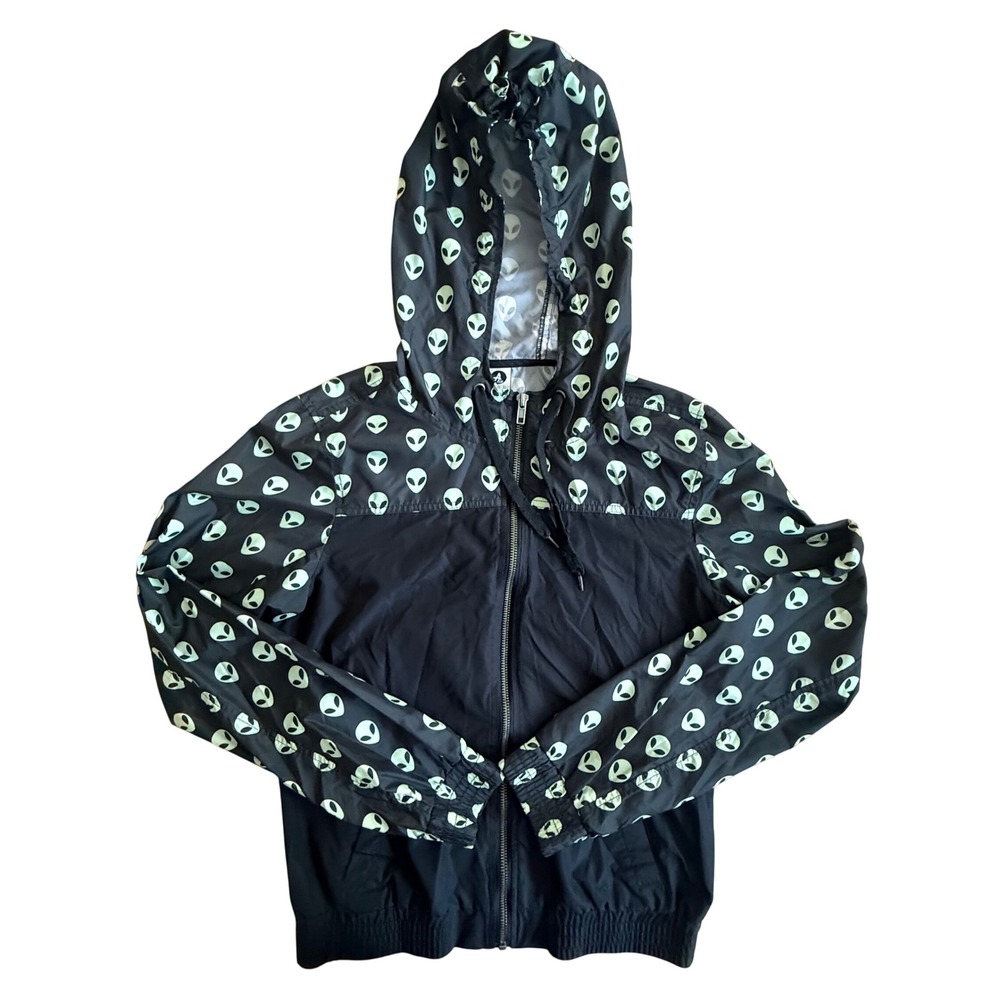 A-Lab Get‎ Wild Alien Print Windbreaker Jacket Black Womens M Full Zip Hooded